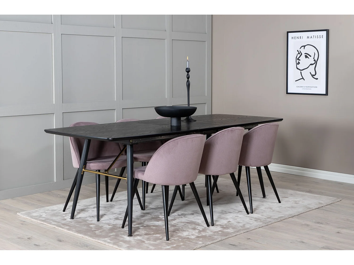 Gold Essgruppe Esstisch Ausziehbarer Tisch Länge cm 180 / 220 schwarz und 6 Velvet Esszimmerstühle Samt pink, schwarz.