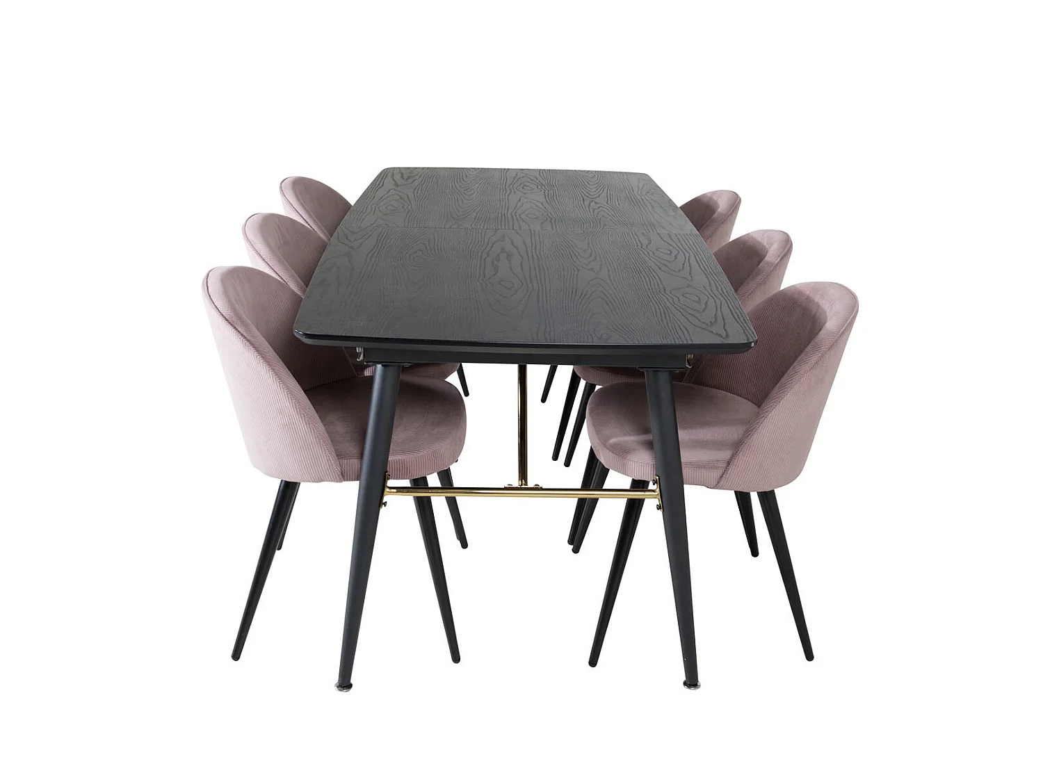 Gold eethoek eetkamertafel uitschuifbare tafel lengte cm 180 / 220 zwart en 6 Velvet eetkamerstal fluweel roze, zwart.