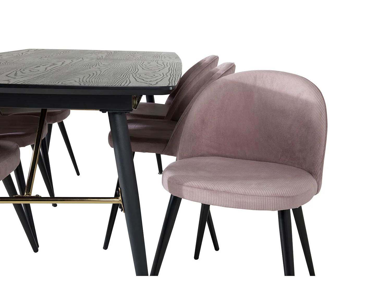 Gold eethoek eetkamertafel uitschuifbare tafel lengte cm 180 / 220 zwart en 6 Velvet eetkamerstal fluweel roze, zwart.