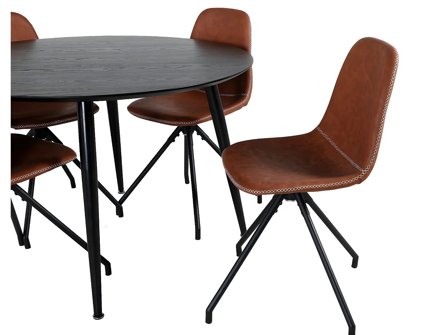 DippØ115BLBL eethoek eetkamertafel zwart en 4 Polar eetkamerstal PU kunstleer bruin.