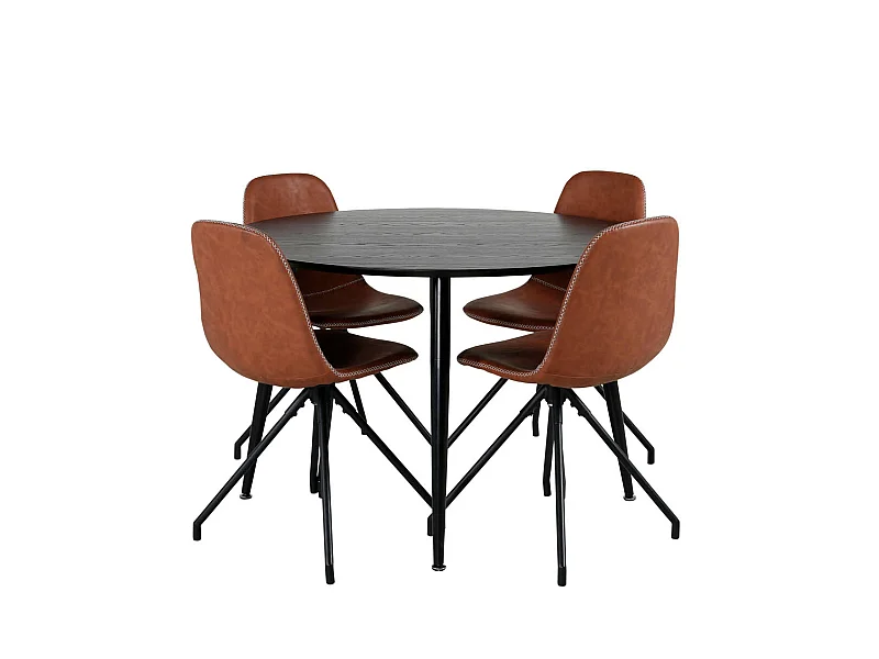 DippØ115BLBL ensemble table, table noir et 4 Polar chaises Similicuir PU marron.