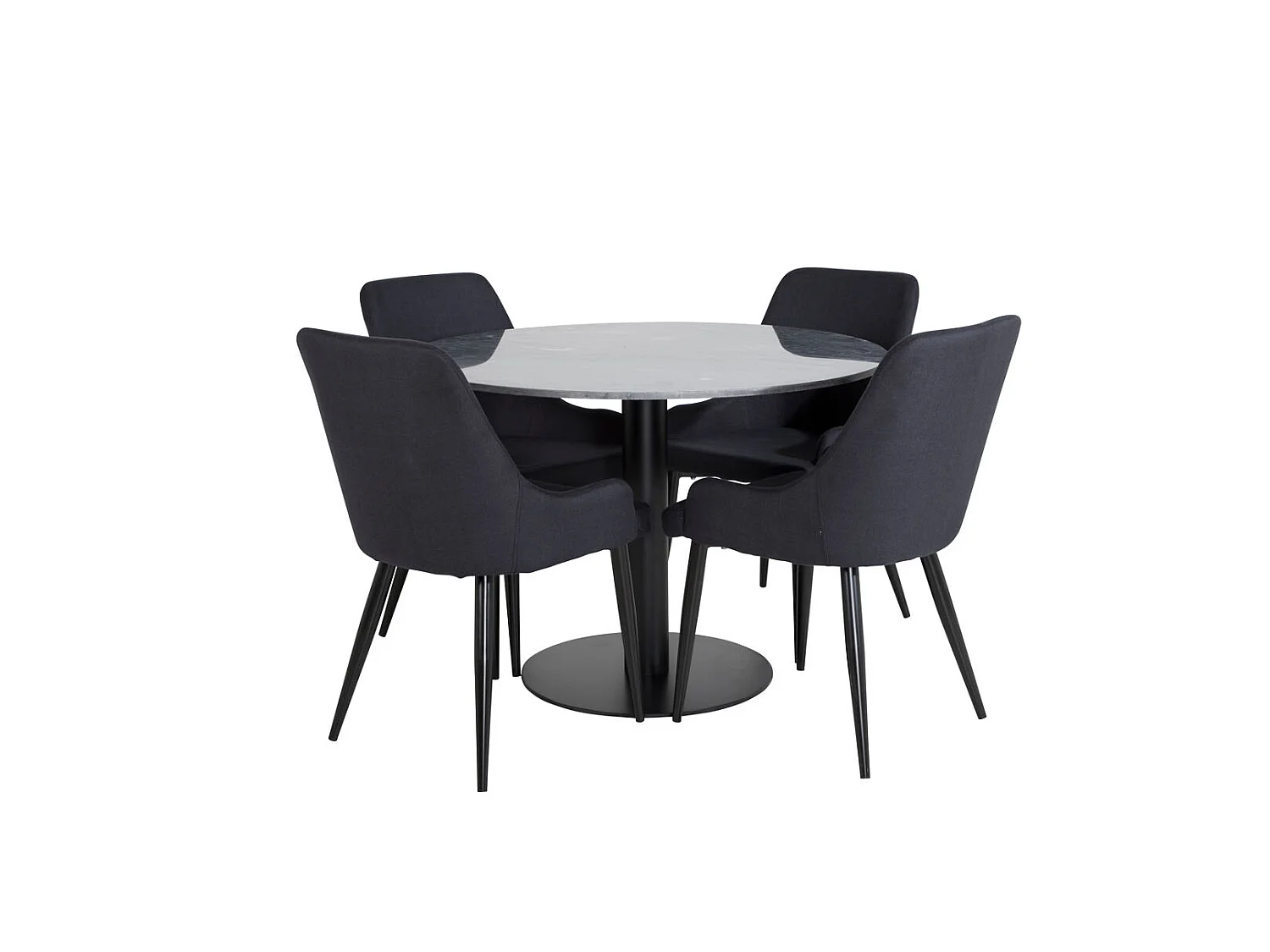 EstelleØ106BLBL eethoek eetkamertafel zwart, marmer en 4 Plaza eetkamerstal zwart.