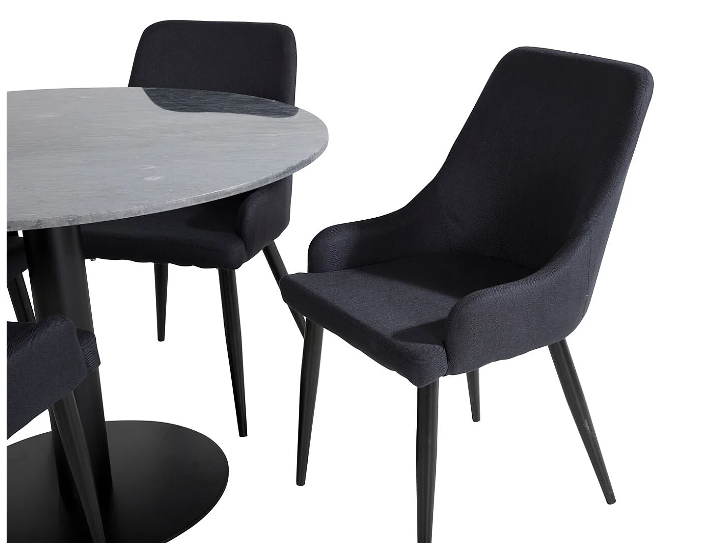 EstelleØ106BLBL eethoek eetkamertafel zwart, marmer en 4 Plaza eetkamerstal zwart.