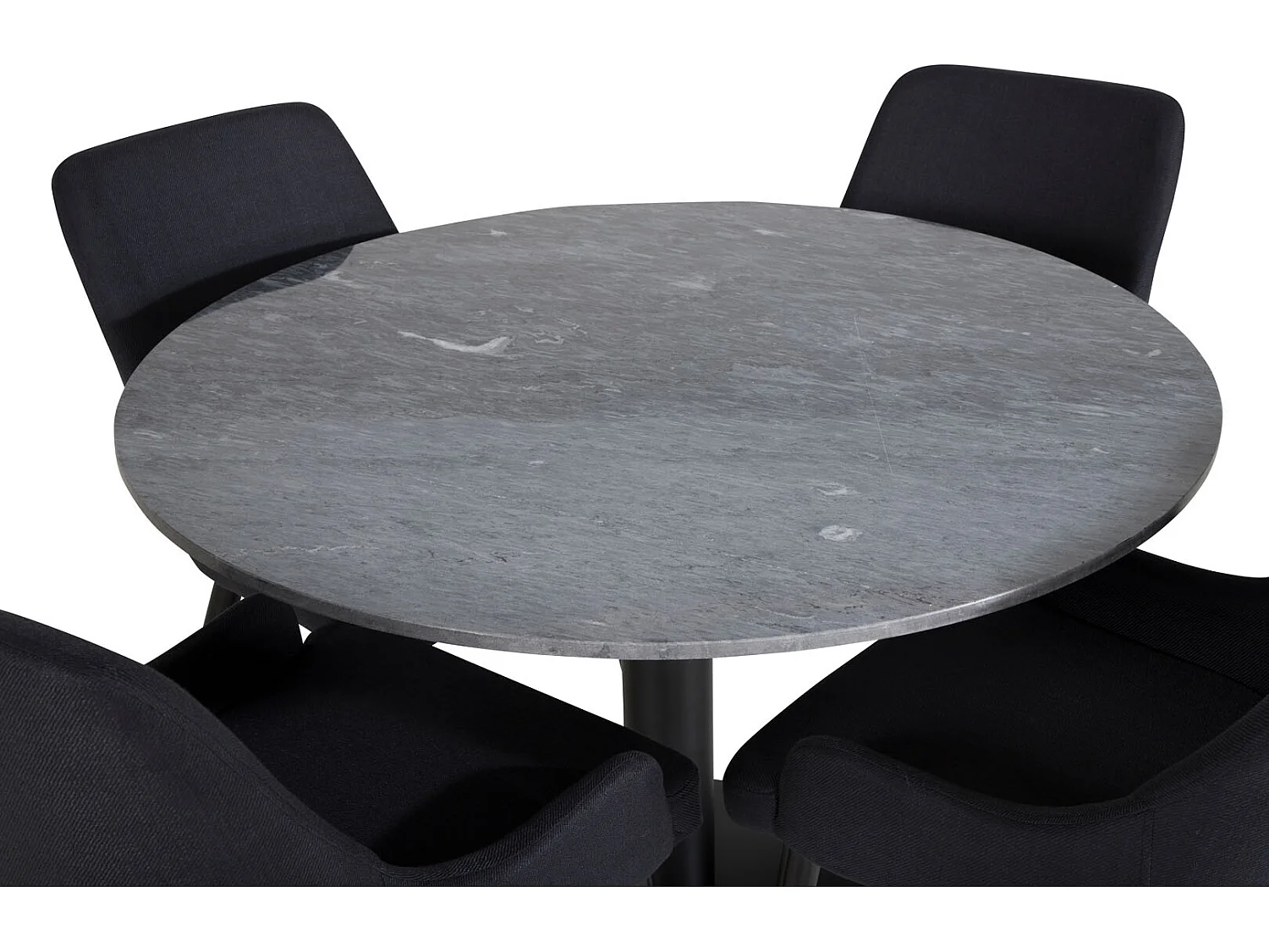 EstelleØ106BLBL eethoek eetkamertafel zwart, marmer en 4 Plaza eetkamerstal zwart.