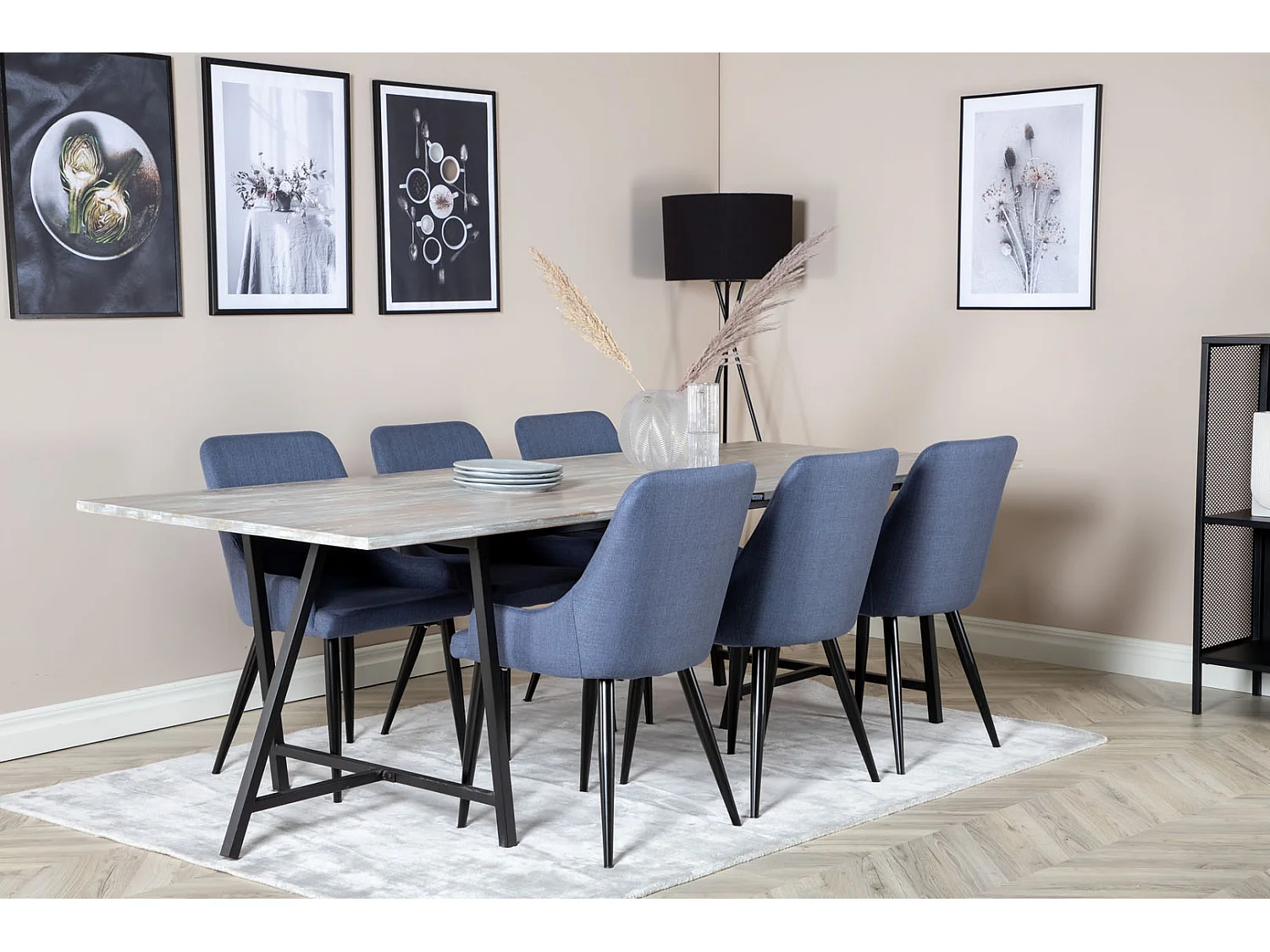Jepara ensemble table, table teck et 6 Plaza chaises bleu, noir.