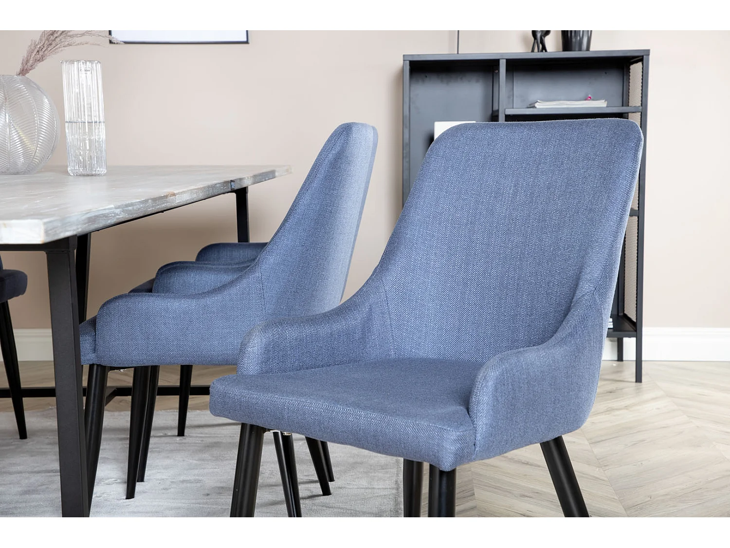 Jepara ensemble table, table teck et 6 Plaza chaises bleu, noir.