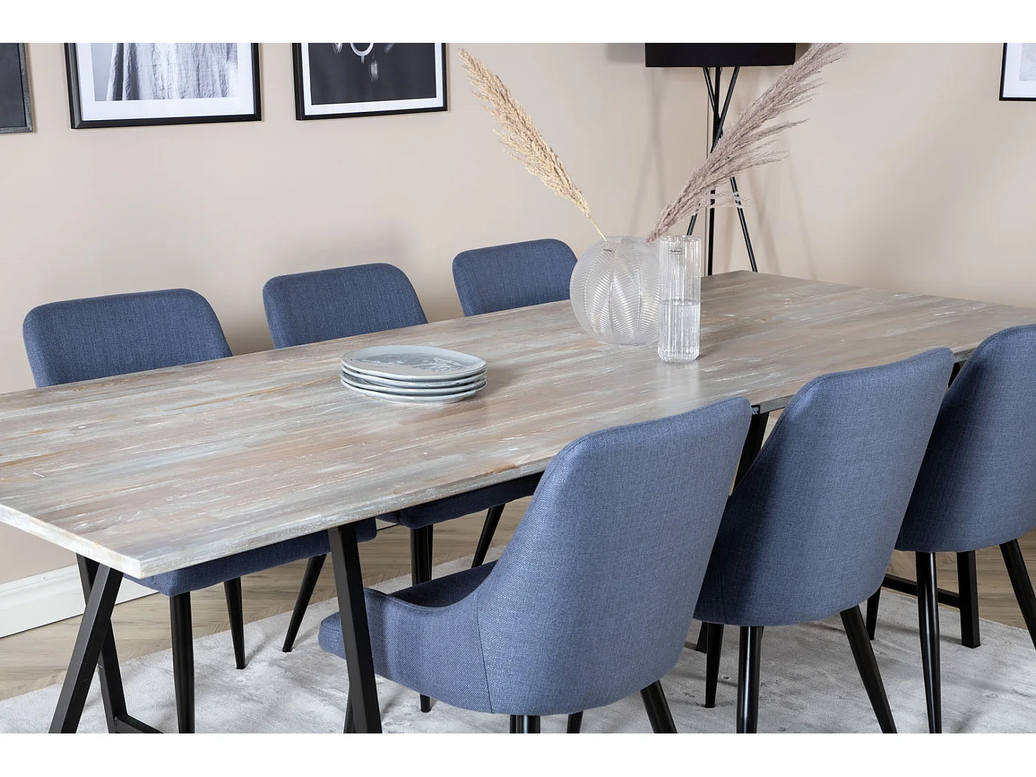 Jepara ensemble table, table teck et 6 Plaza chaises bleu, noir.