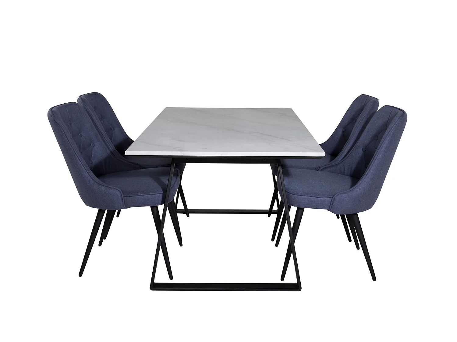 Estelle ensemble table, table marbre blanc et 4 Velvet Deluxe chaises bleu, noir.