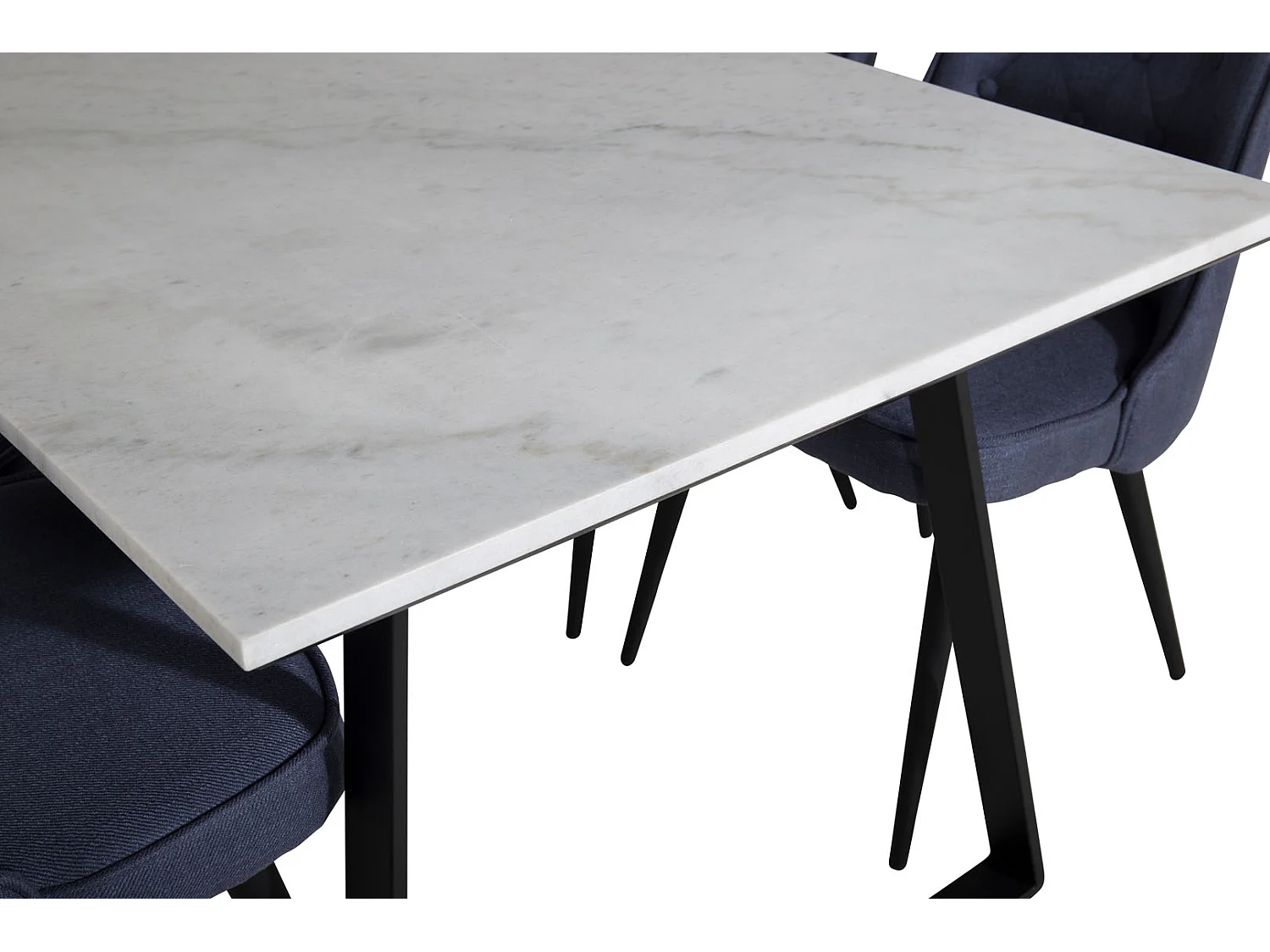 Estelle ensemble table, table marbre blanc et 4 Velvet Deluxe chaises bleu, noir.