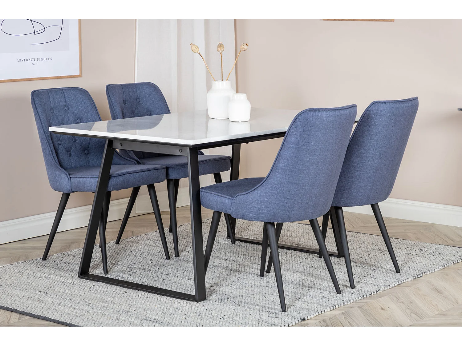 Estelle ensemble table, table marbre blanc et 4 Velvet Deluxe chaises bleu, noir.