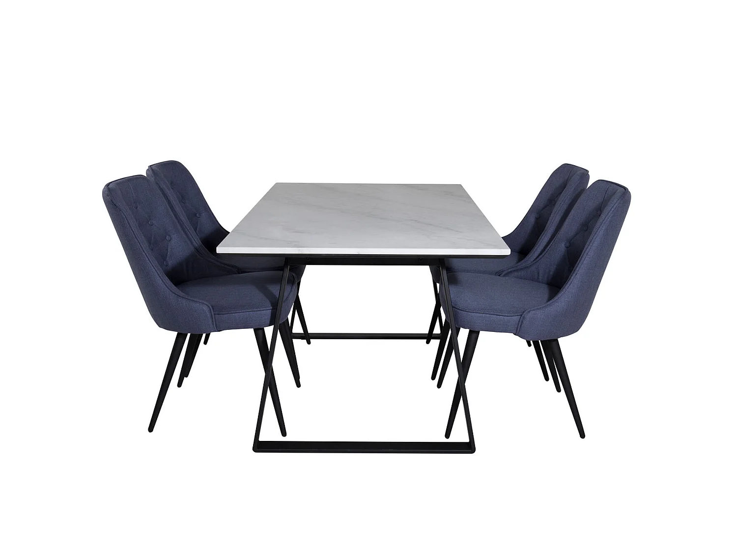 Estelle eethoek eetkamertafel marmer wit en 4 Velvet Deluxe eetkamerstal blauw, zwart.