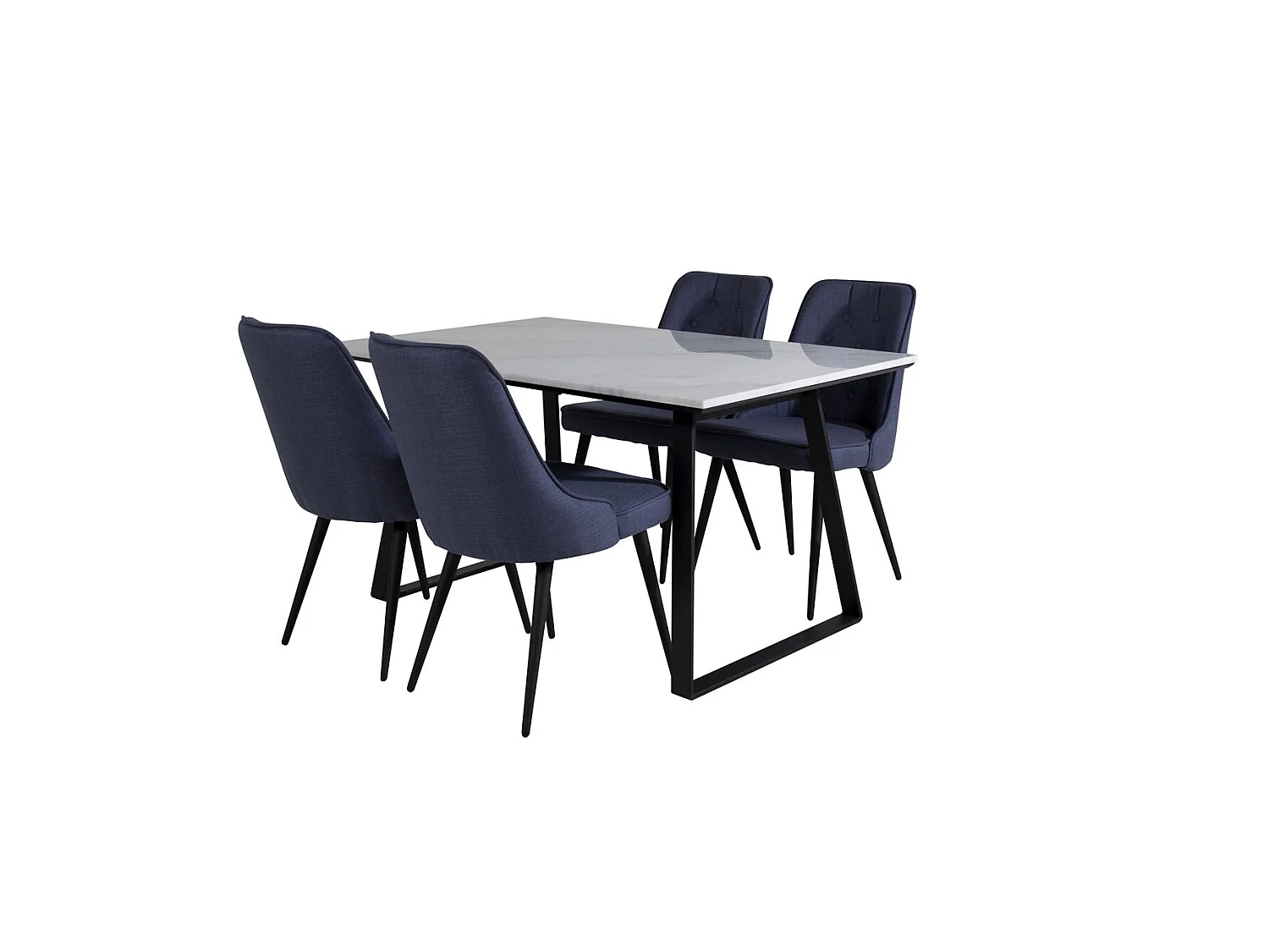 Estelle ensemble table, table marbre blanc et 4 Velvet Deluxe chaises bleu, noir.