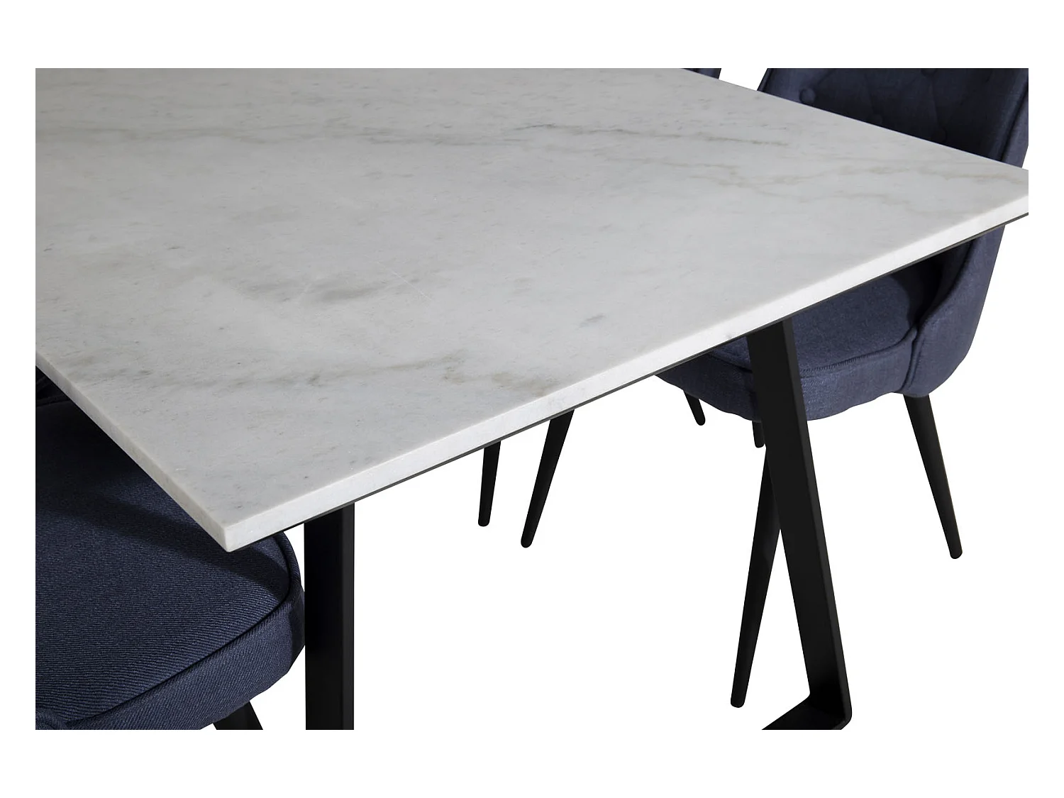 Estelle ensemble table, table marbre blanc et 4 Velvet Deluxe chaises bleu, noir.