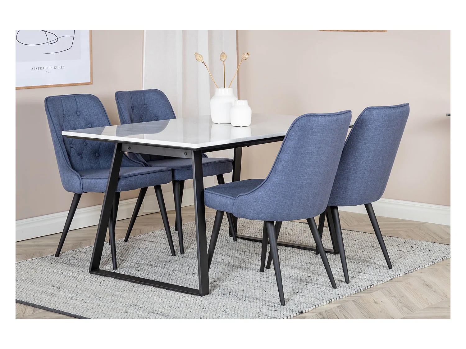 Estelle ensemble table, table marbre blanc et 4 Velvet Deluxe chaises bleu, noir.