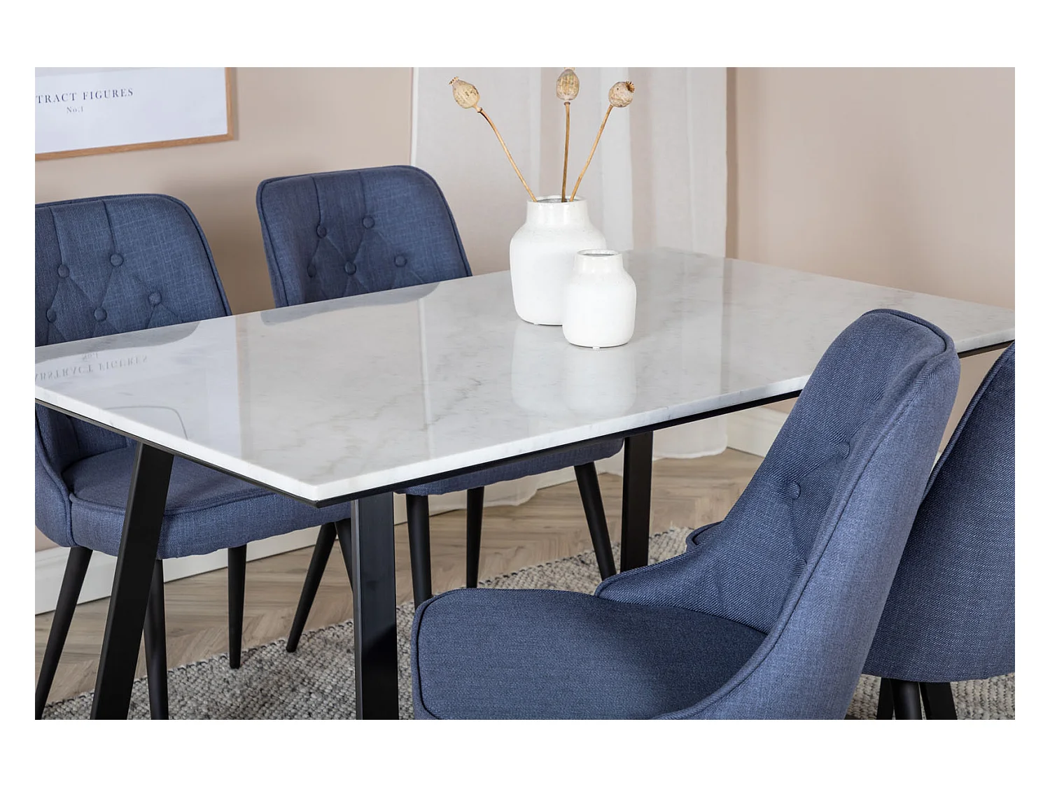 Estelle ensemble table, table marbre blanc et 4 Velvet Deluxe chaises bleu, noir.