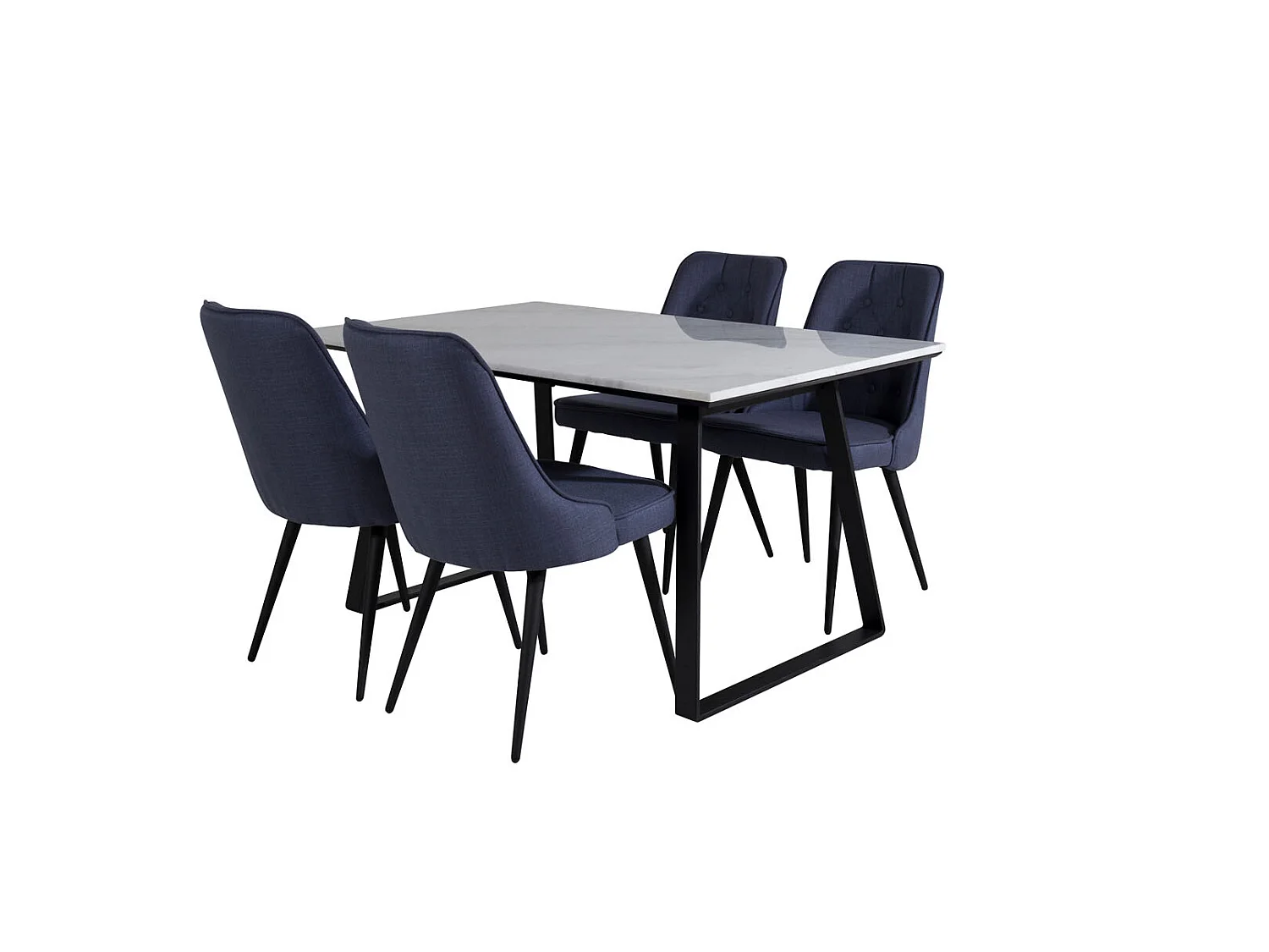 Estelle eethoek eetkamertafel marmer wit en 4 Velvet Deluxe eetkamerstal blauw, zwart.
