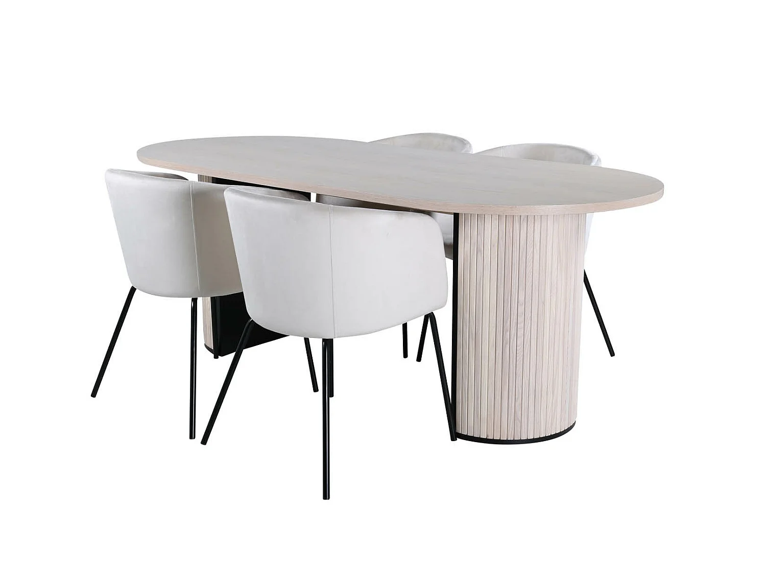 BiancaWW eethoek eetkamertafel eik fineer wit washed en 4 Berit eetkamerstal velours beige.