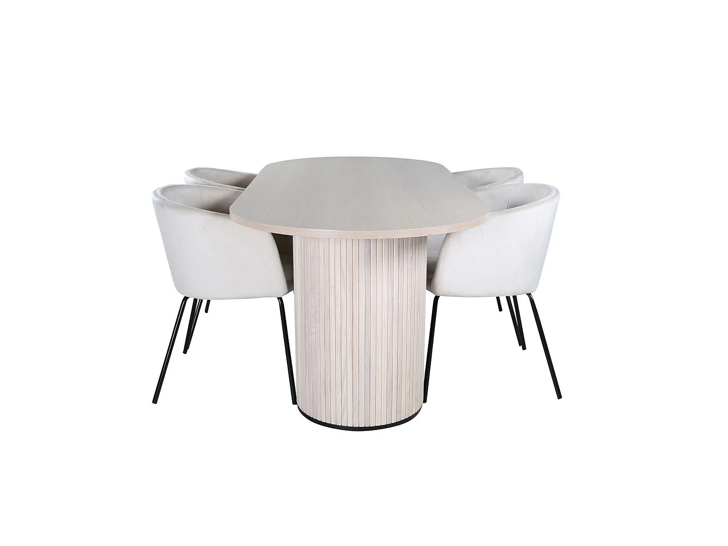 BiancaWW ensemble table, table chêne plaqué blanc washed et 4 Berit chaises Velours beige.