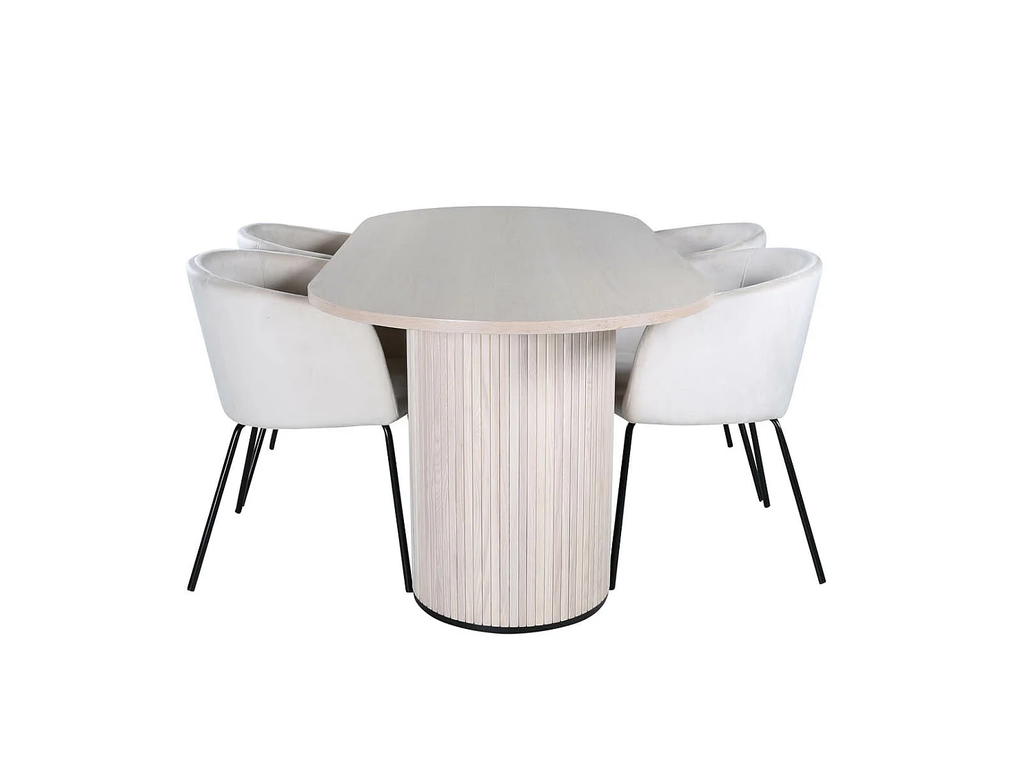 BiancaWW eethoek eetkamertafel eik fineer wit washed en 4 Berit eetkamerstal velours beige.