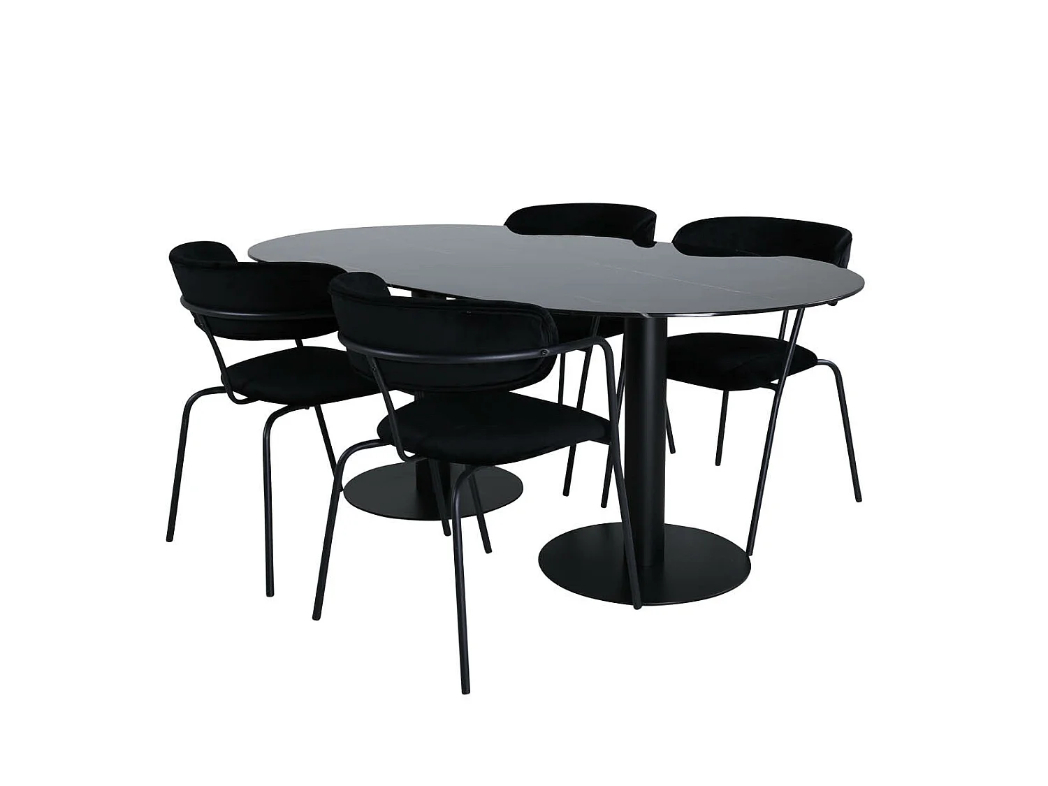 Pillan eethoek eetkamertafel zwart glas marmer decor en 4 Arrow eetkamerstal velours zwart.