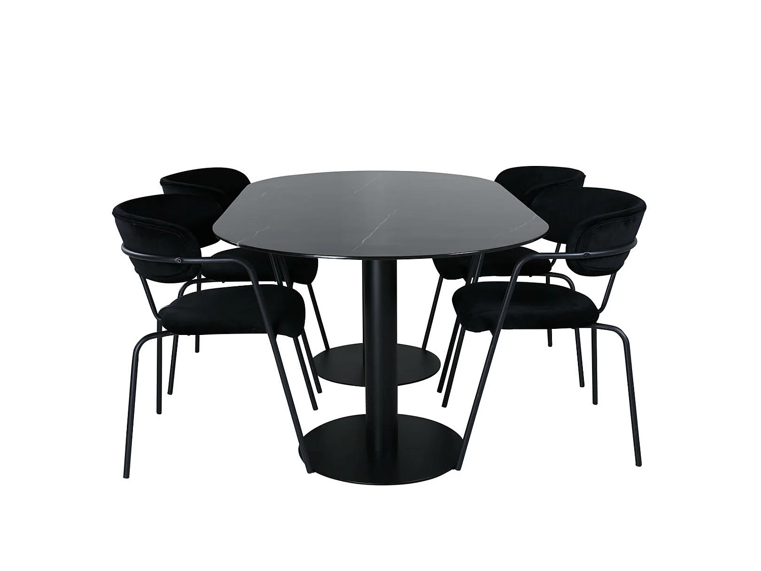 Pillan eethoek eetkamertafel zwart glas marmer decor en 4 Arrow eetkamerstal velours zwart.