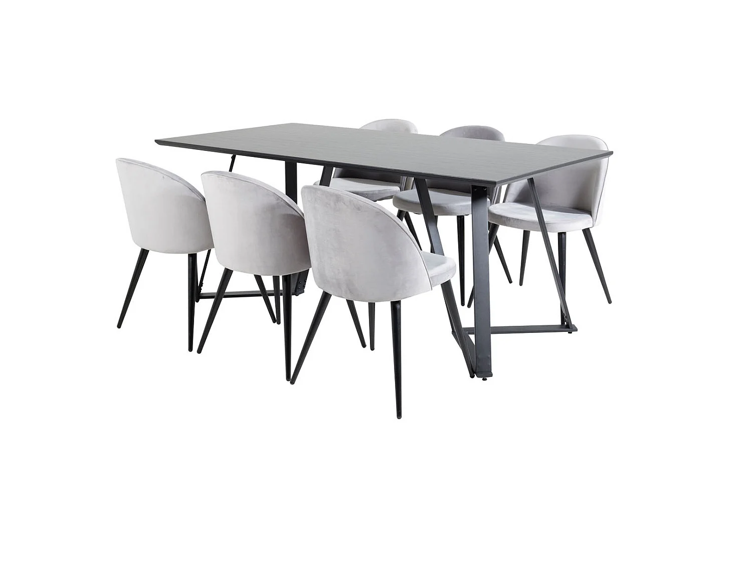 MarinaBLBL ensemble table, table noir et 6 Velvet chaises Velours grisclair.