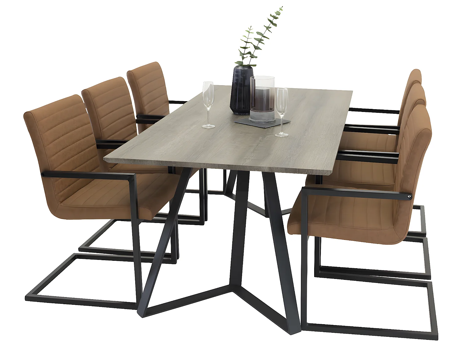 MarinaGRBL ensemble table, table El bois décor gris et 6 Art chaises Similicuir PU marron.