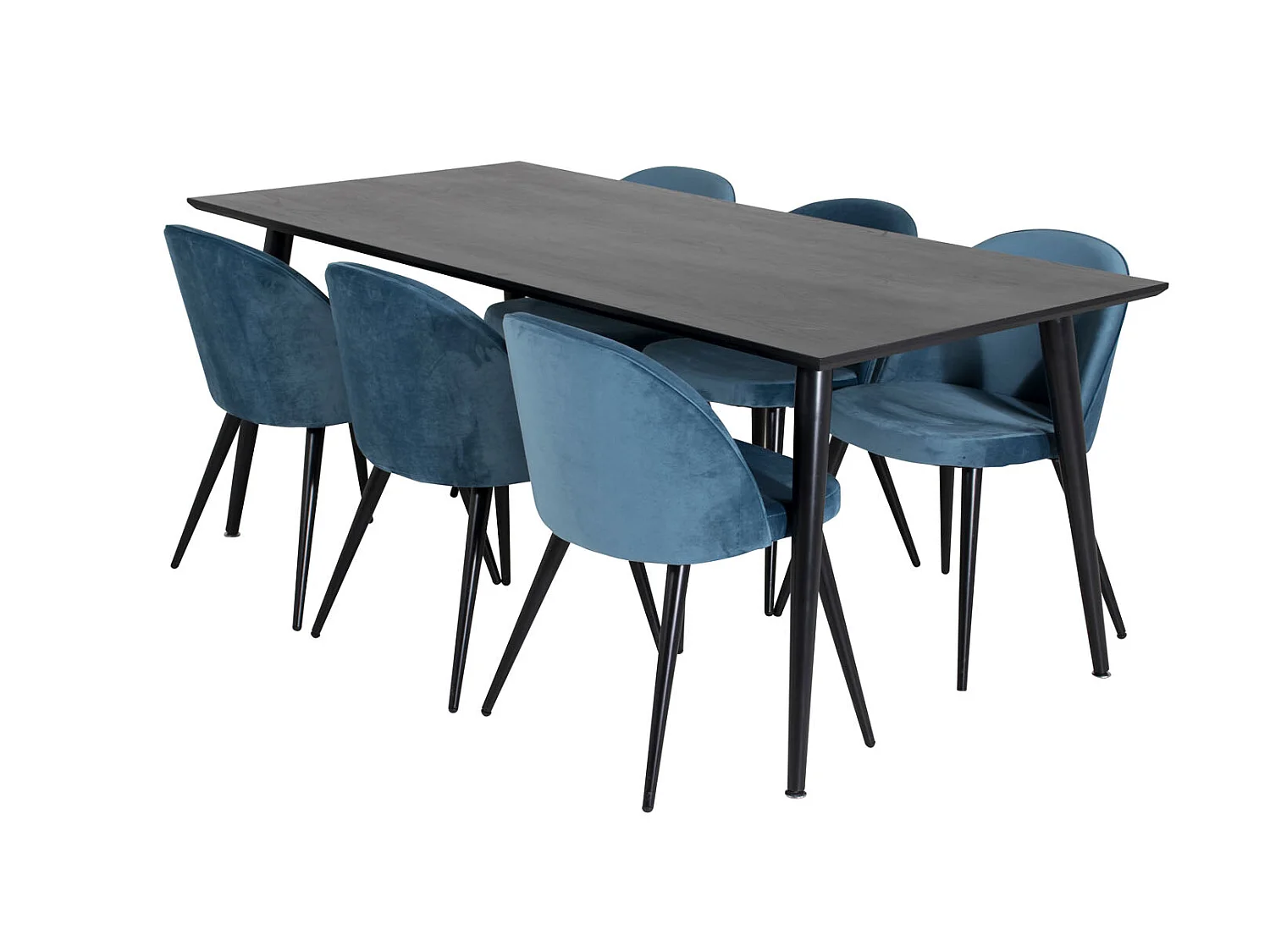 Dipp180x90BLBL ensemble table, table noir et 6 Velvet chaises Velours bleu, noir.