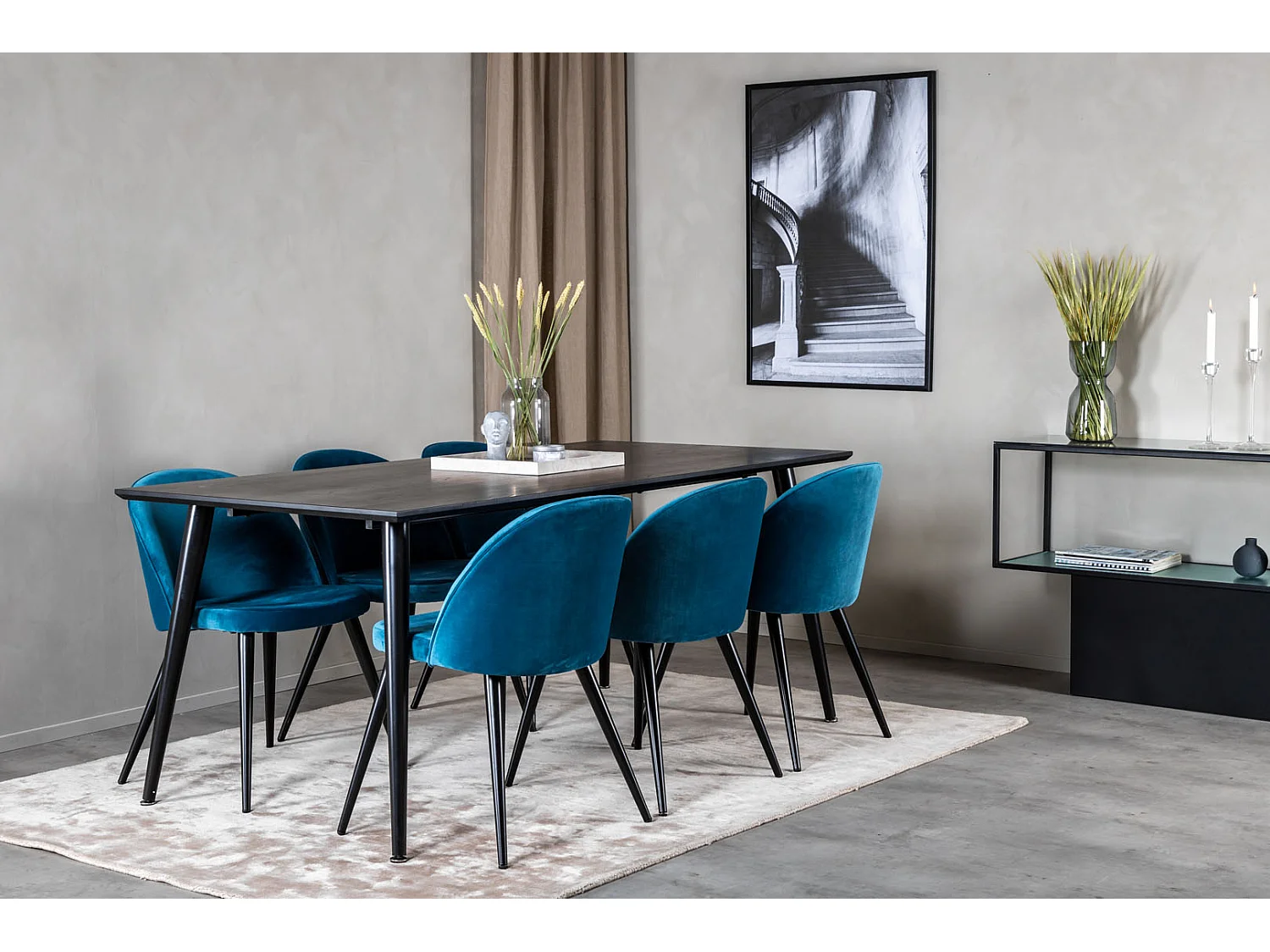 Dipp180x90BLBL ensemble table, table noir et 6 Velvet chaises Velours bleu, noir.