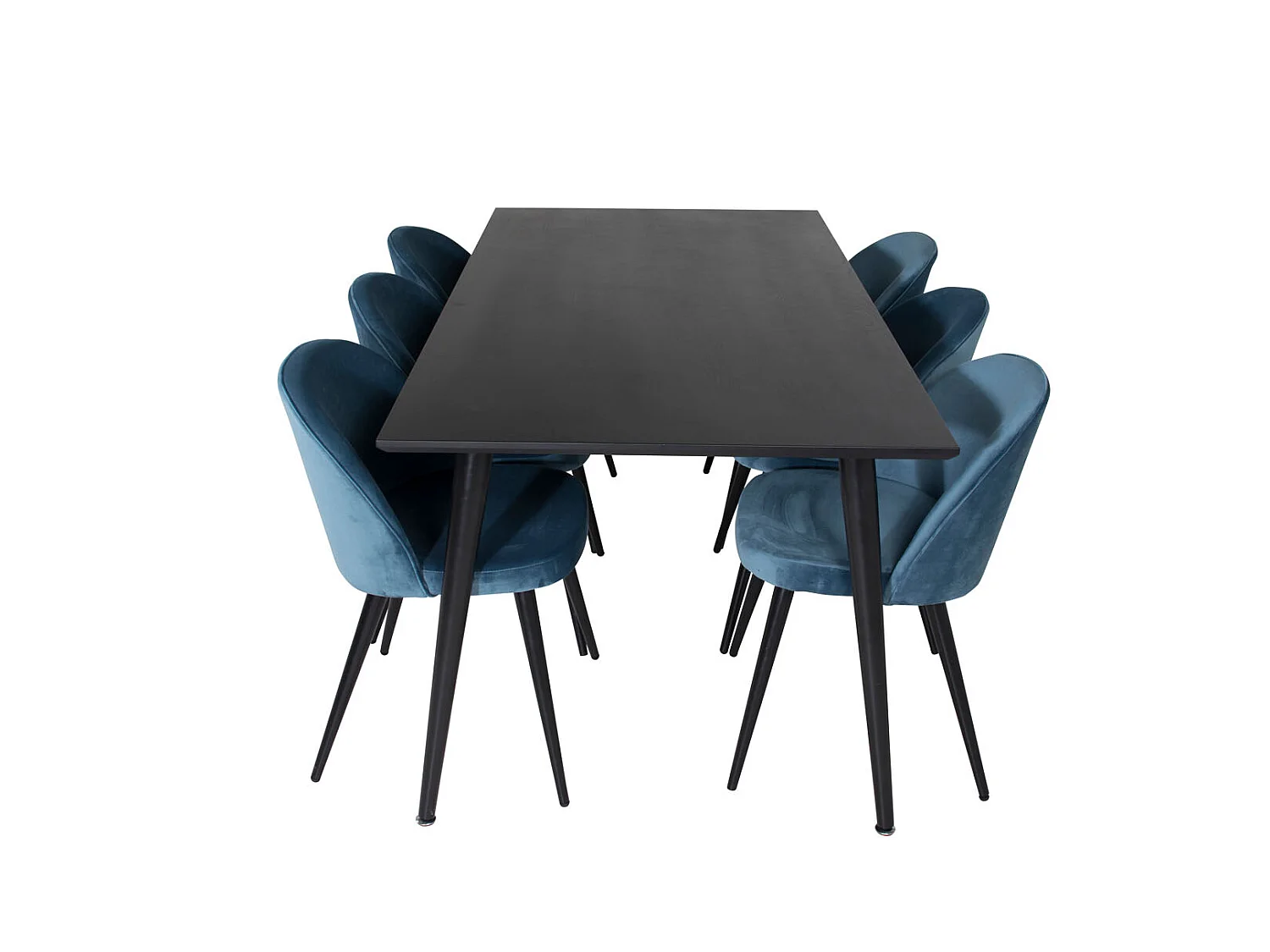 Dipp180x90BLBL eethoek eetkamertafel zwart en 6 Velvet eetkamerstal velours blauw, zwart.