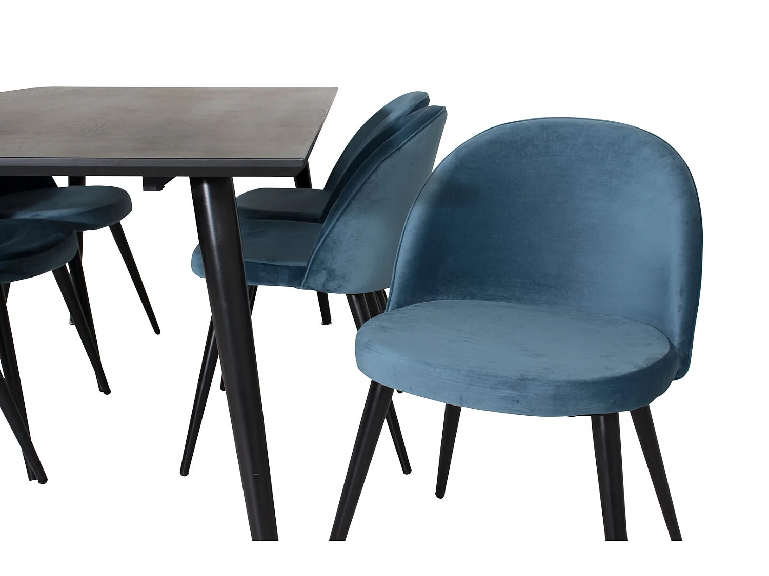 Dipp180x90BLBL eethoek eetkamertafel zwart en 6 Velvet eetkamerstal velours blauw, zwart.
