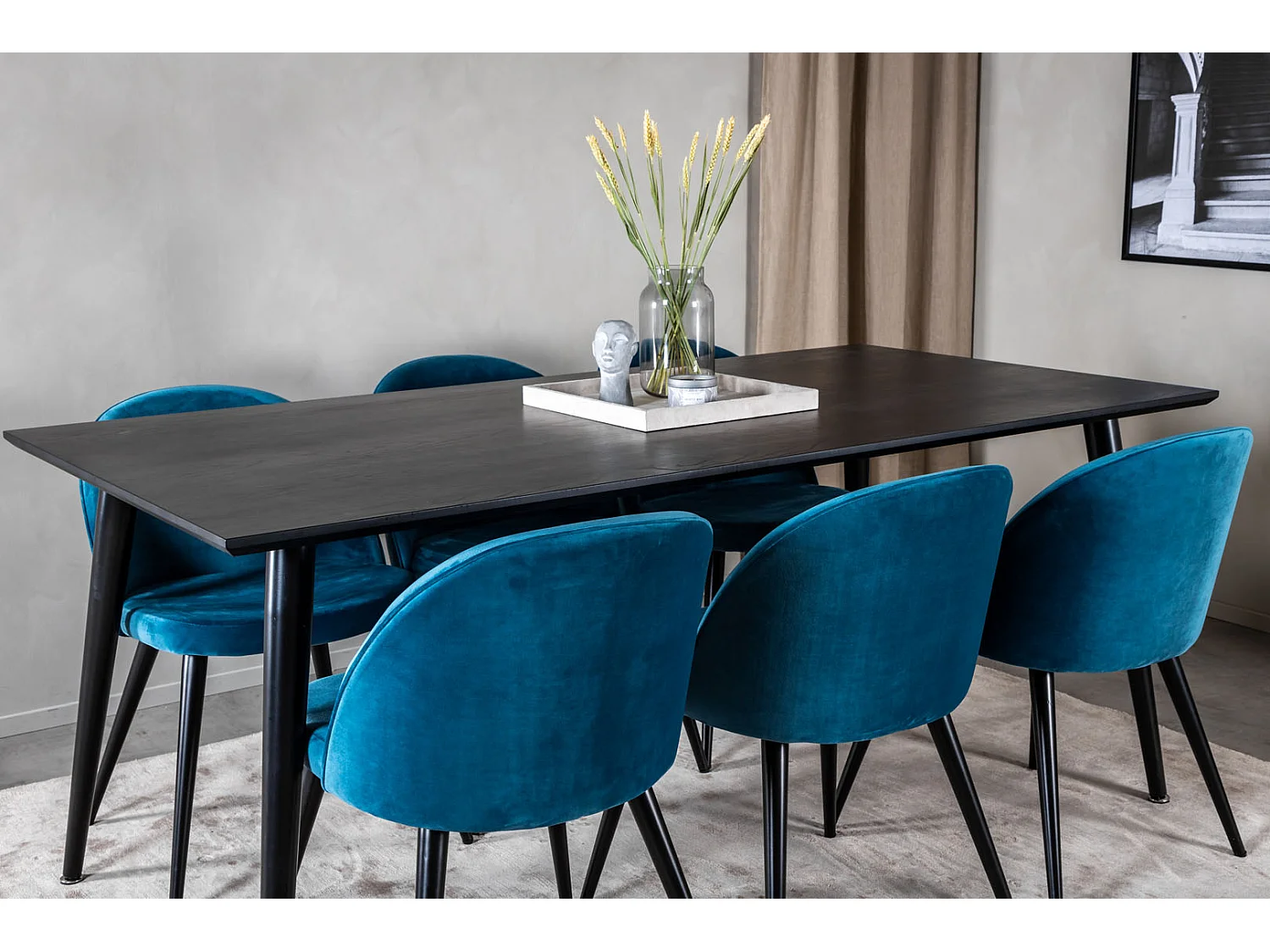Dipp180x90BLBL eethoek eetkamertafel zwart en 6 Velvet eetkamerstal velours blauw, zwart.