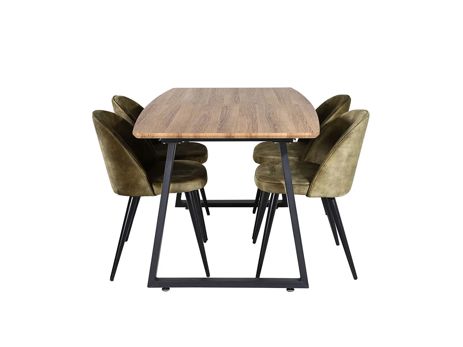 IncaNABL Essgruppe Esstisch Ausziehbarer Tisch Länge cm 160 / 200 El Holz dekor und 4 Velvet Esszimmerstühle Velour grün, schwarz.
