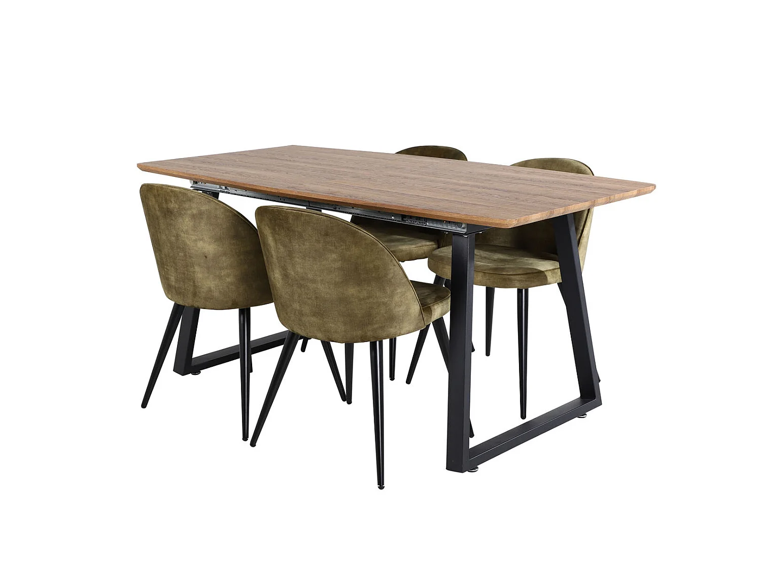 IncaNABL Essgruppe Esstisch Ausziehbarer Tisch Länge cm 160 / 200 El Holz dekor und 4 Velvet Esszimmerstühle Velour grün, schwarz.
