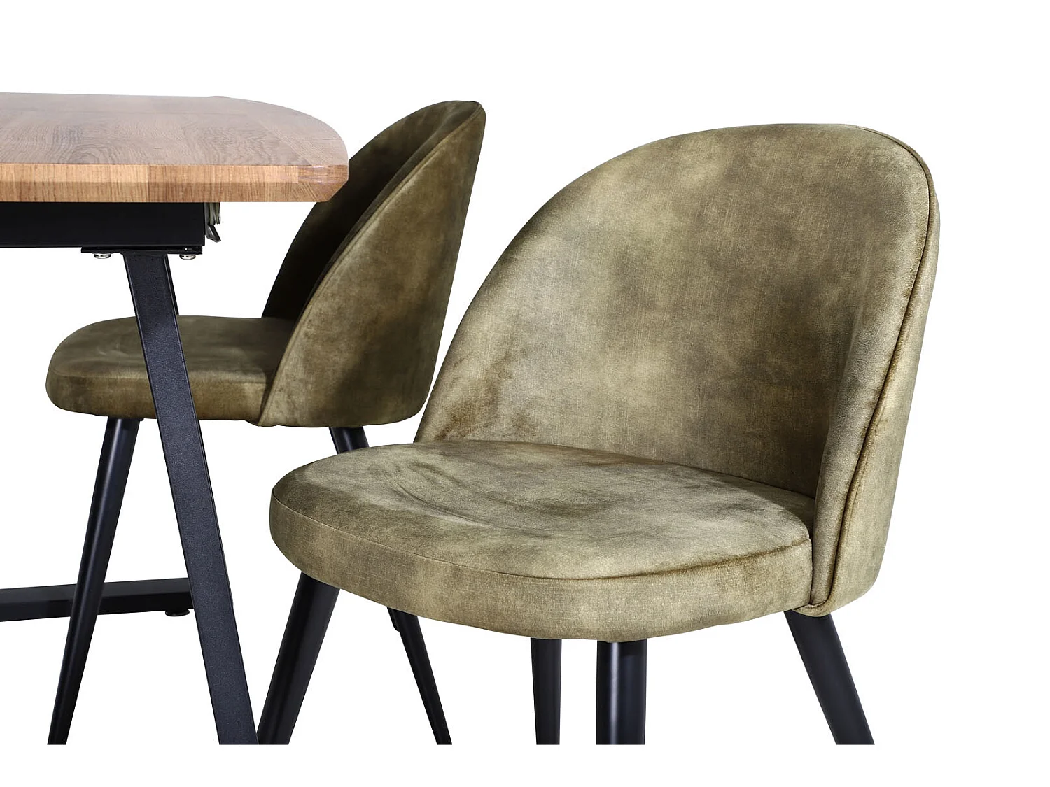 IncaNABL Essgruppe Esstisch Ausziehbarer Tisch Länge cm 160 / 200 El Holz dekor und 4 Velvet Esszimmerstühle Velour grün, schwarz.