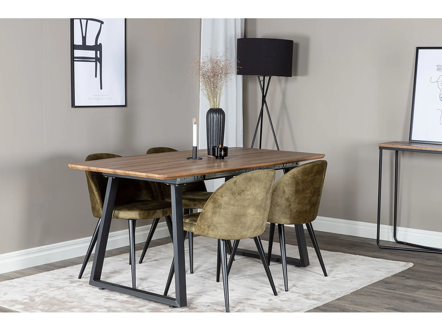 IncaNABL Essgruppe Esstisch Ausziehbarer Tisch Länge cm 160 / 200 El Holz dekor und 4 Velvet Esszimmerstühle Velour grün, schwarz.