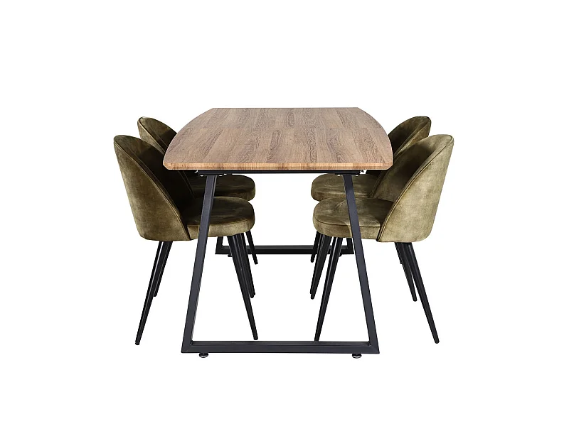 IncaNABL Essgruppe Esstisch Ausziehbarer Tisch Länge cm 160 / 200 El Holz dekor und 4 Velvet Esszimmerstühle Velour grün, schwarz.