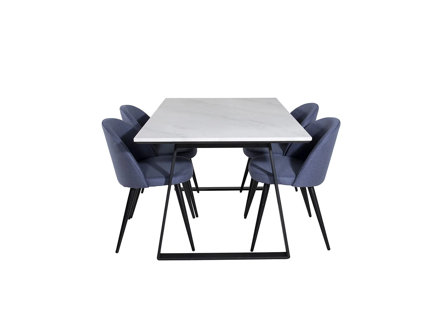 Estelle eethoek eetkamertafel marmer wit en 4 Velvet eetkamerstal blauw.