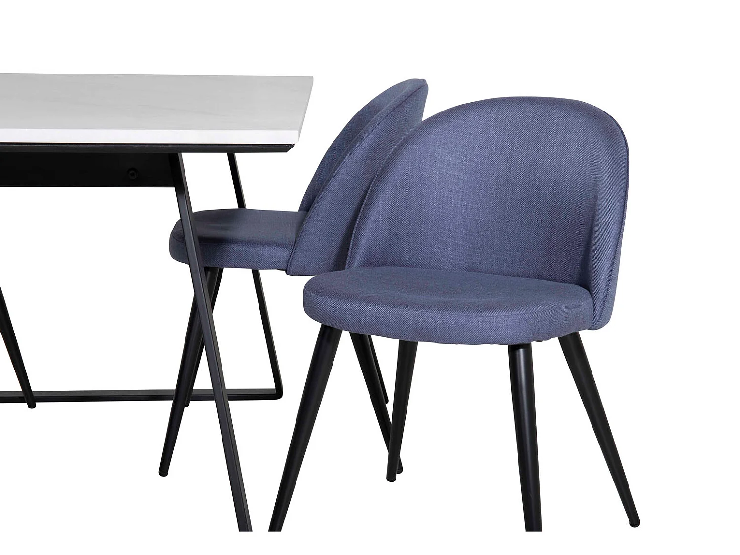 Estelle eethoek eetkamertafel marmer wit en 4 Velvet eetkamerstal blauw.