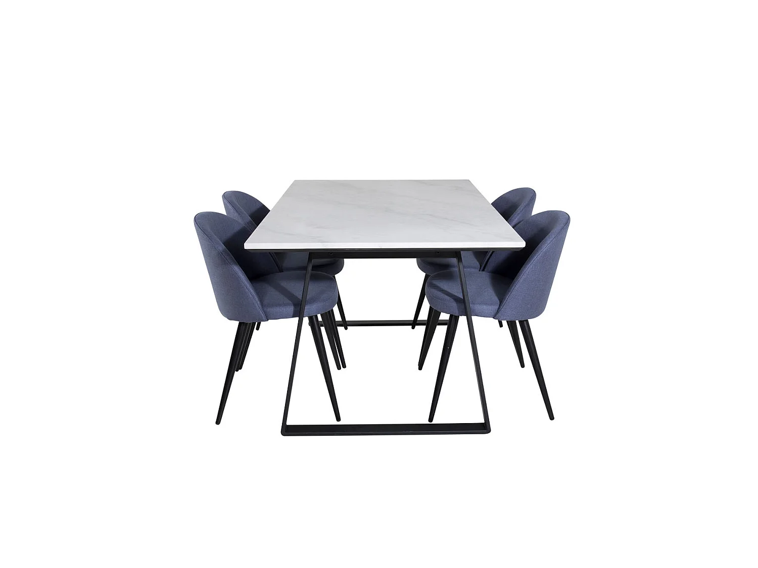Estelle ensemble table, table marbre blanc et 4 Velvet chaises bleu.