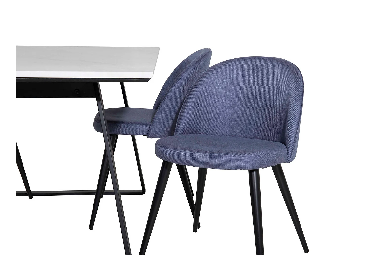 Estelle ensemble table, table marbre blanc et 4 Velvet chaises bleu.