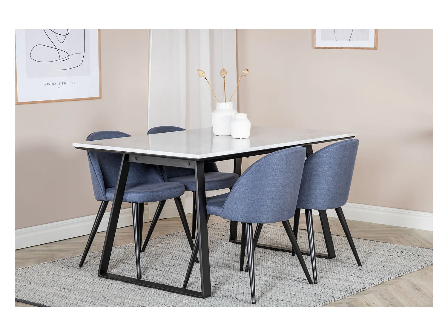 Estelle ensemble table, table marbre blanc et 4 Velvet chaises bleu.