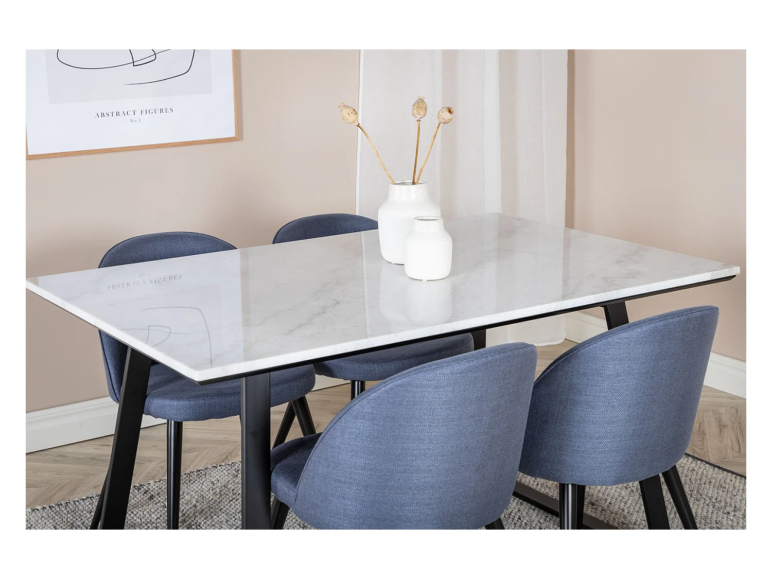 Estelle ensemble table, table marbre blanc et 4 Velvet chaises bleu.