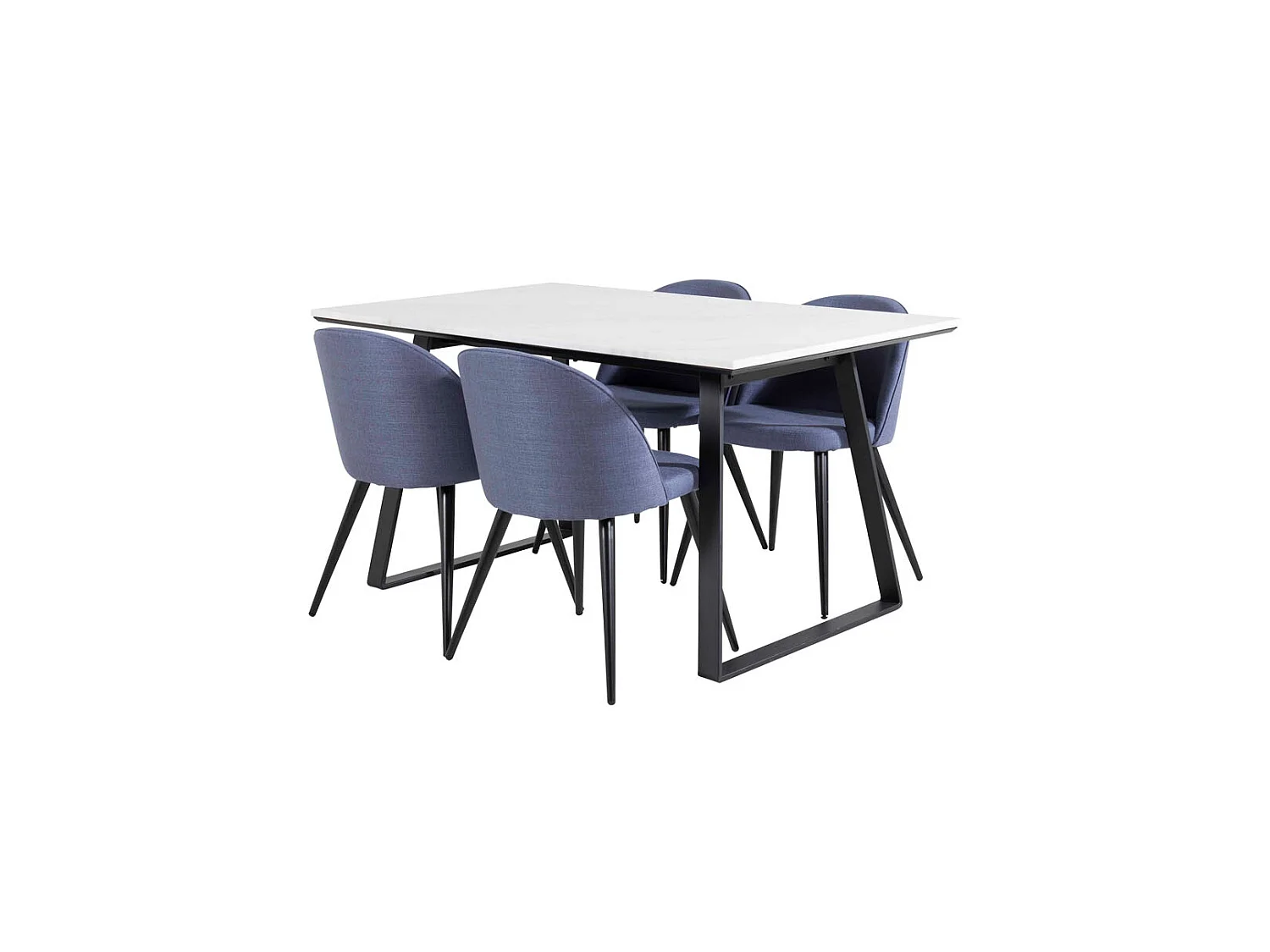 Estelle ensemble table, table marbre blanc et 4 Velvet chaises bleu.