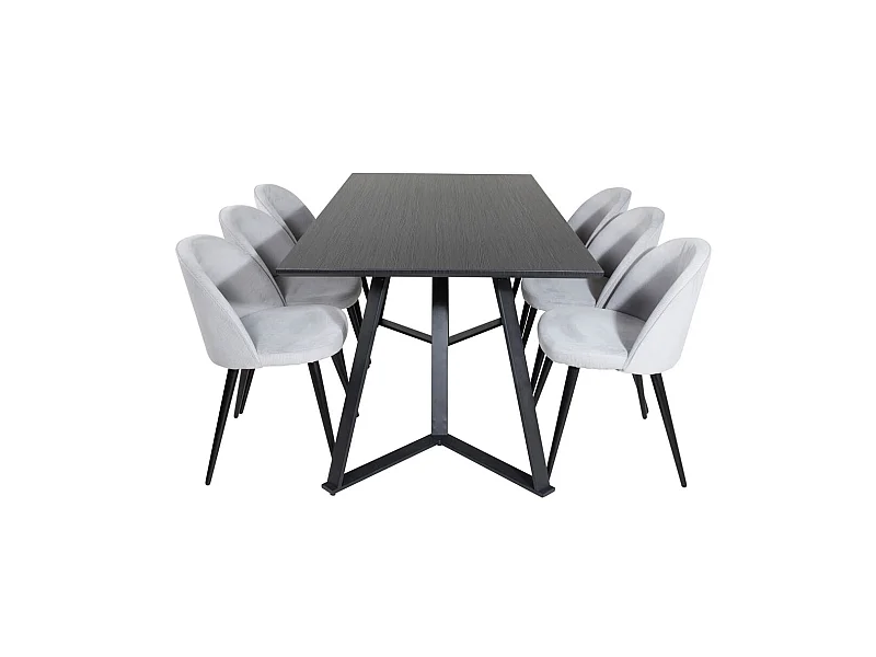 MarinaBLBL ensemble table, table noir et 6 Velvet chaises Velours côtelé grisclair, noir.