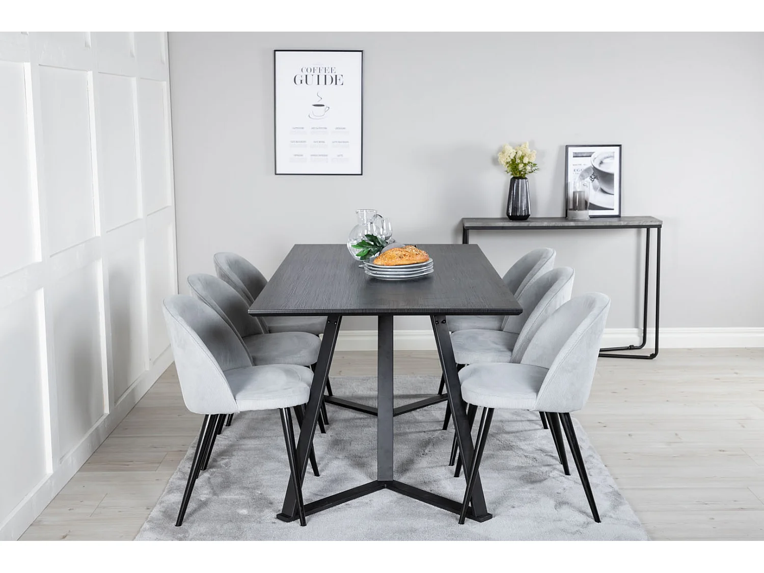 MarinaBLBL Essgruppe Esstisch schwarz und 6 Velvet Esszimmerstühle Samt hellgrau, schwarz.