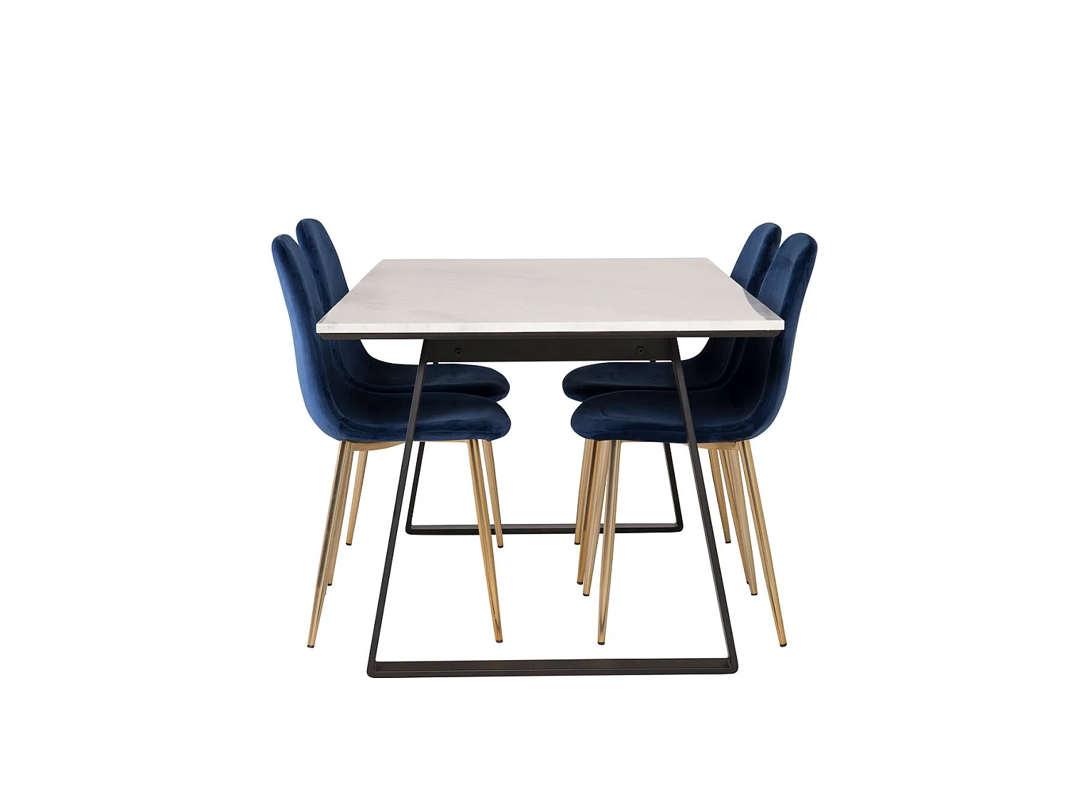 Estelle eethoek eetkamertafel marmer wit en 4 Polar eetkamerstal velours blauw, messing decor.