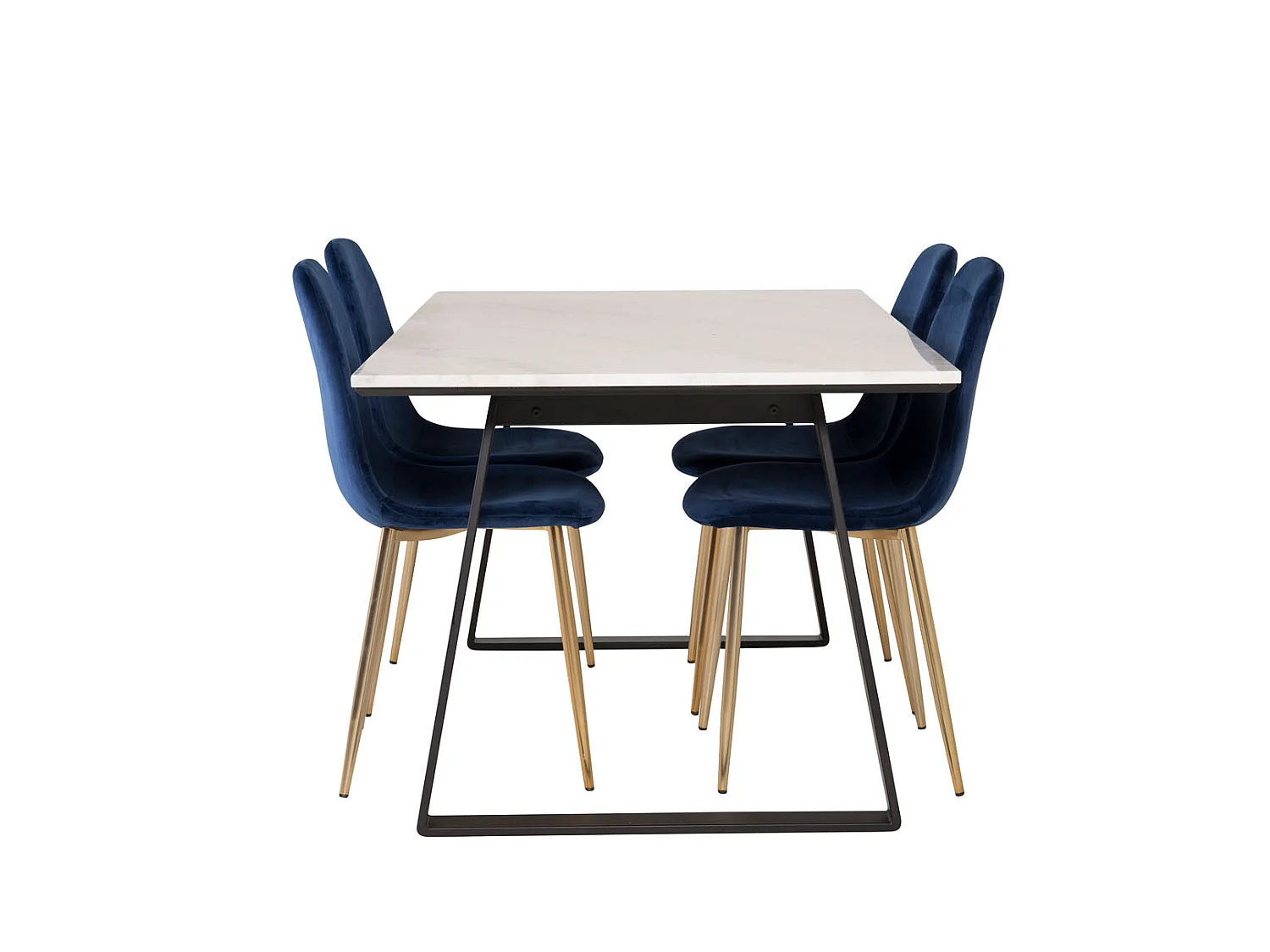 Estelle eethoek eetkamertafel marmer wit en 4 Polar eetkamerstal velours blauw, messing decor.