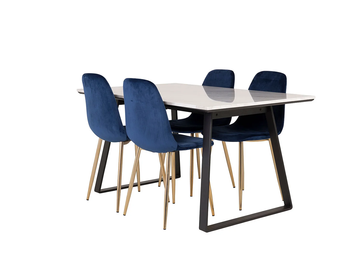 Estelle eethoek eetkamertafel marmer wit en 4 Polar eetkamerstal velours blauw, messing decor.