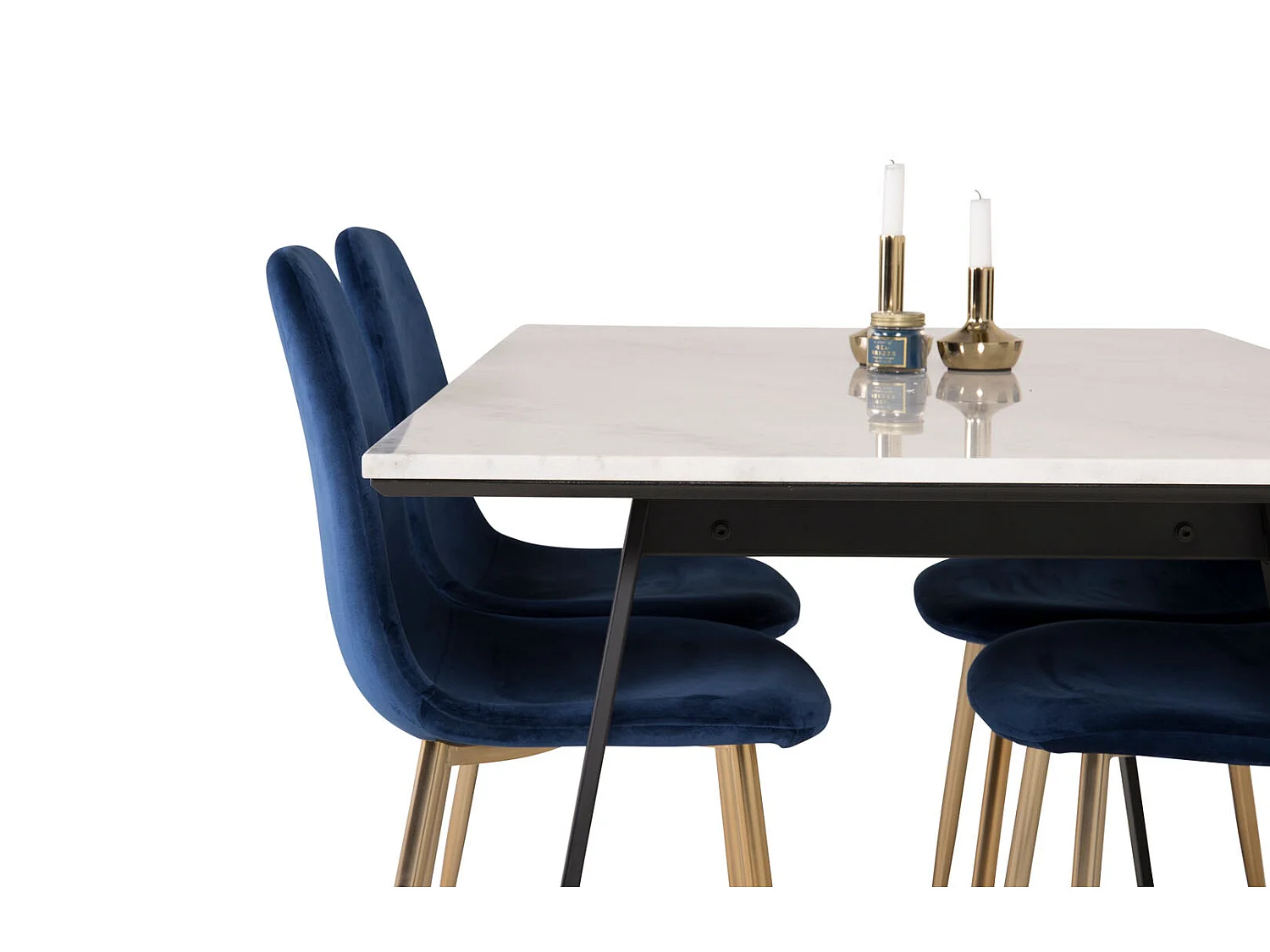 Estelle eethoek eetkamertafel marmer wit en 4 Polar eetkamerstal velours blauw, messing decor.